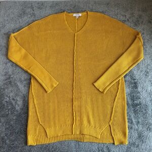 Cherfly Womens Mustard Yellow Knit Sweater Tunic Dress V Neck Medium‎ M Pullover